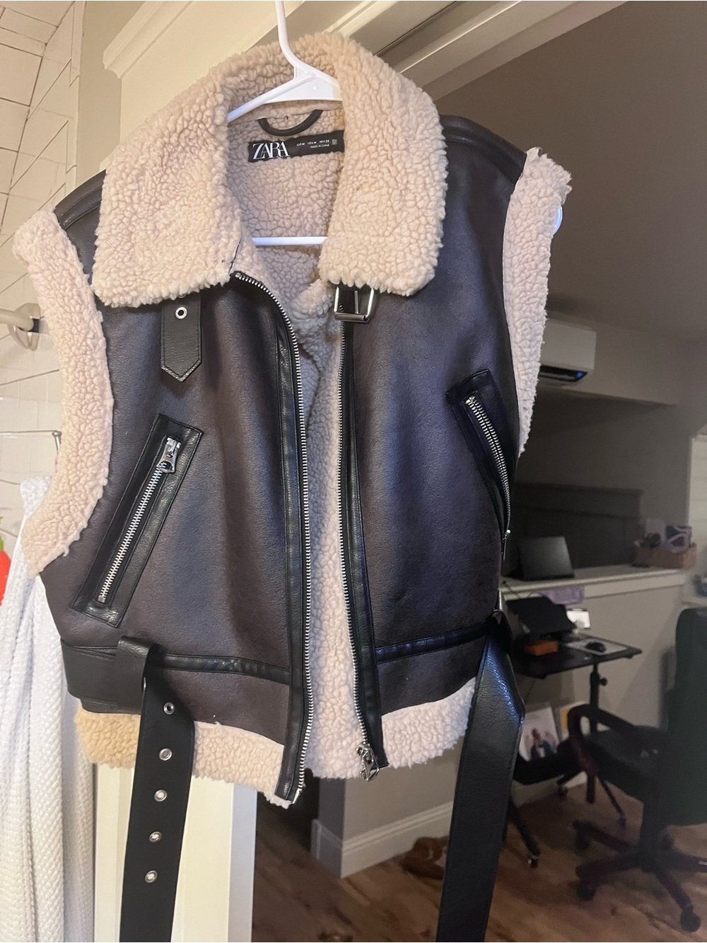 Zara Black Faux Leather Vest with Cream Shearling